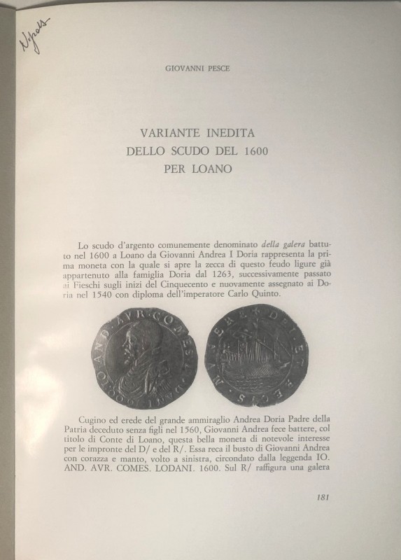 PESCE G. - Variante inedita dello scudo del 1600 per Loano. Milano, 1978. Estrat...