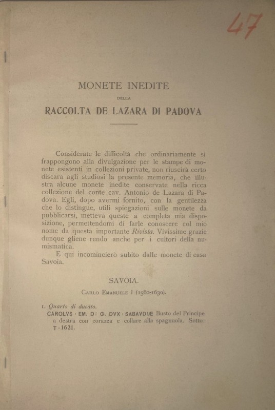 RIZZOLI L. jun. - Monete inedite della raccolta De Lazara di Padova. Milano, 190...