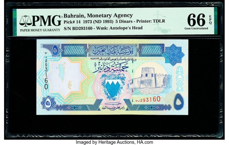 Bahrain Monetary Agency 5 Dinars 1973 (ND 1993) Pick 14 PMG Gem Uncirculated 66 ...