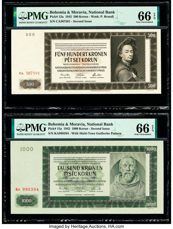 Bohemia & Moravia National Bank 500; 1000 Korun 1942 Pick 12a; 15a PMG Gem Uncir...