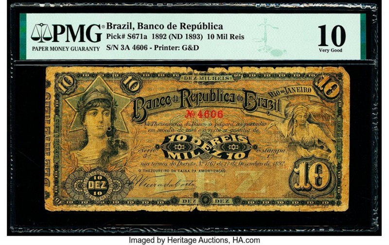Brazil Banco da Republica 10 Mil Reis 1892 (ND 1893) Pick S671a PMG Very Good 10...