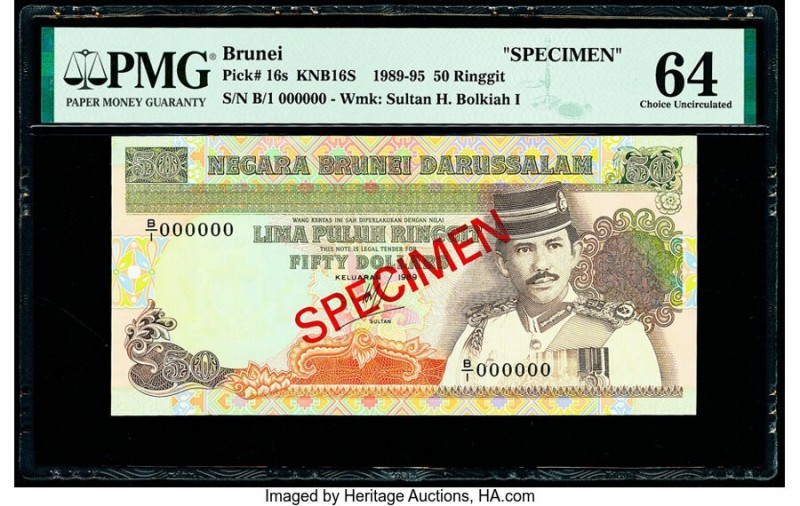 Brunei Negara Brunei Darussalam 50 Ringgit 1989 Pick 16s KNB16S Specimen PMG Cho...