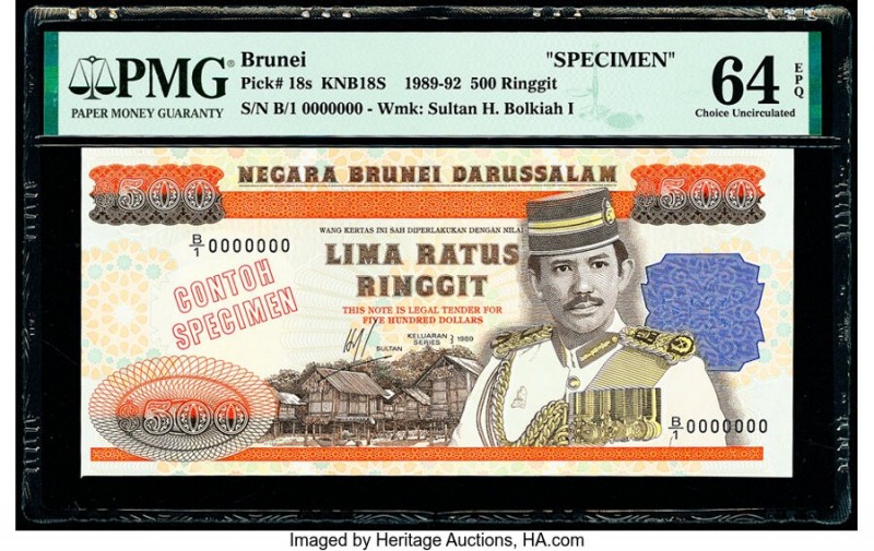 Brunei Negara Brunei Darussalam 500 Ringgit 1989-92 Pick 18s KNB18S Specimen PMG...