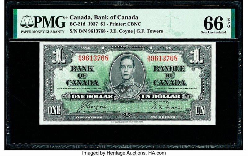 Canada Bank of Canada $1 2.1.1937 Pick 58d BC-21d PMG Gem Uncirculated 66 EPQ. 
...