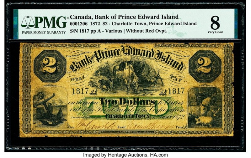 Canada Charlotte Town, PEI- Bank of Prince Edward Island $2 1.1.1872 Pick S1930a...