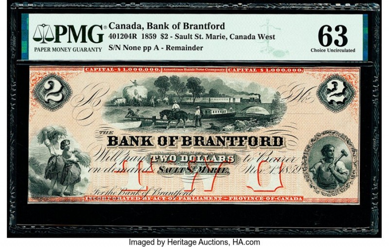 Canada Sault St. Marie, CW- Bank of Brantford $2 1.11.1859 Pick S1574 Ch.# 40-12...