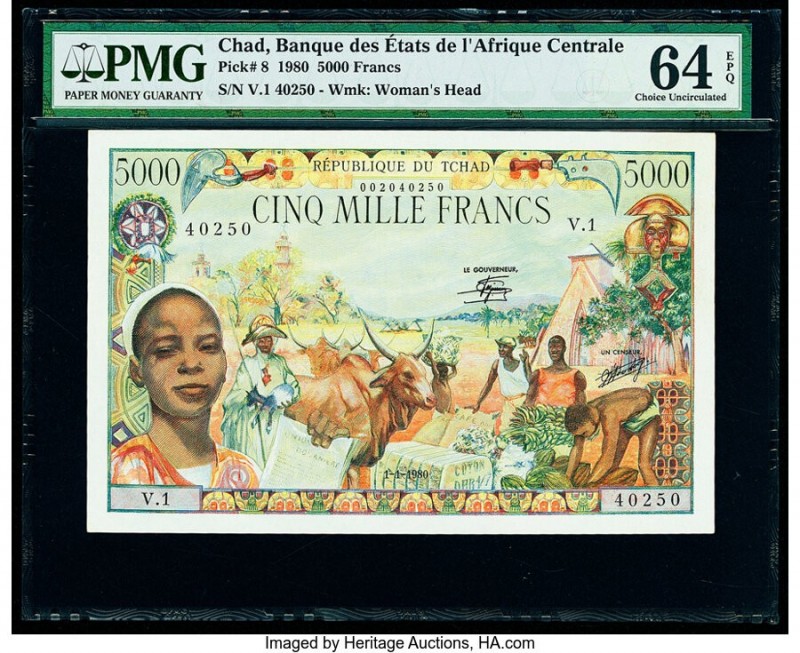 Chad Banque Des Etats De L'Afrique Centrale 5000 Francs 1980 Pick 8 PMG Choice U...