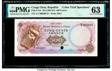 Congo Democratic Republic Banque Nationale du Congo 500 Francs ND (1961-64) Pick 7cts Color Trial Specimen PMG Choice Uncirculated 63. Previously moun...