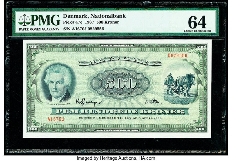Denmark National Bank 500 Kroner 1967 Pick 47c PMG Choice Uncirculated 64. 

HID...