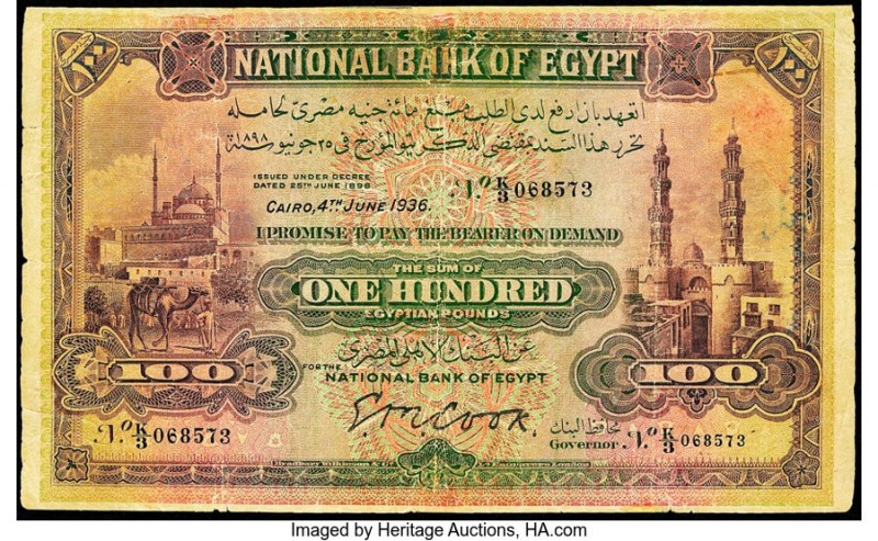 Egypt National Bank of Egypt 100 Pounds 4.6.1936 Pick 17c Very Good. Annotations...