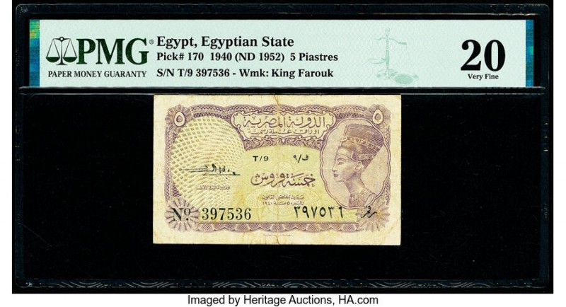 Egypt Egyptian State 5 Piastres 1940 (ND 1952) Pick 170 PMG Very Fine 20. 

HID0...
