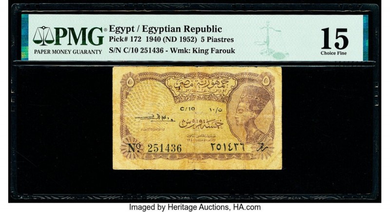 Egypt Egyptian Republic 5 Piastres 1940 (ND 1952) Pick 172 PMG Choice Fine 15. 
...