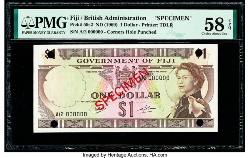 Fiji Government of Fiji 1 Dollar ND (1969) Pick 59s2 Specimen PMG Choice About U...