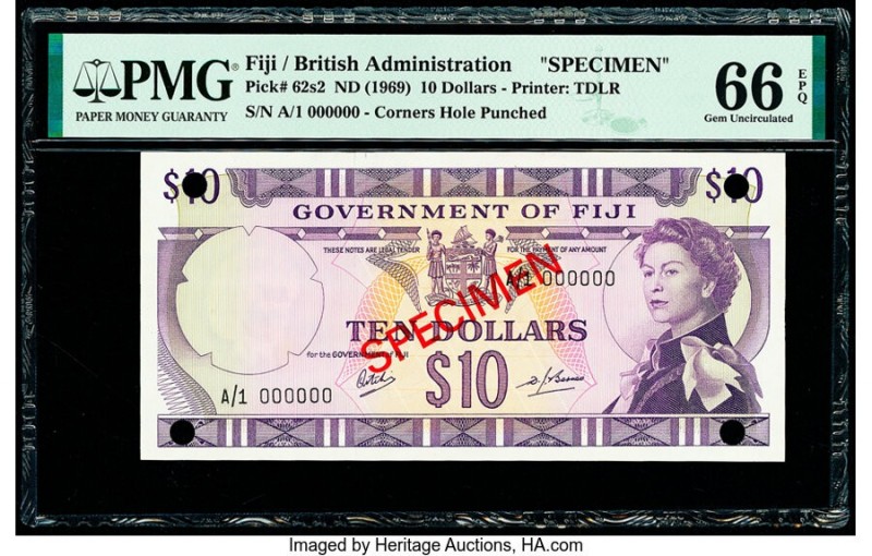 Fiji Government of Fiji 10 Dollars ND (1969) Pick 62s2 Specimen PMG Gem Uncircul...