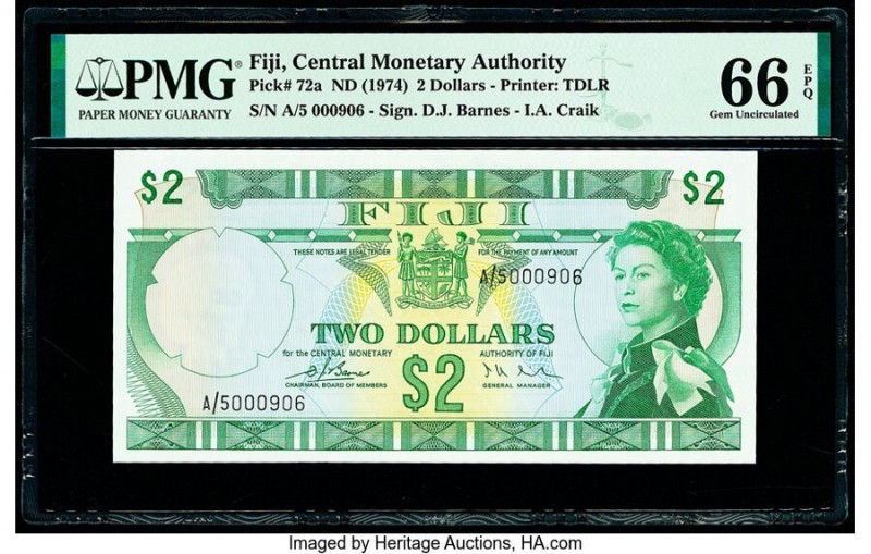 Fiji Central Monetary Authority 2 Dollars ND (1974) Pick 72a PMG Gem Uncirculate...