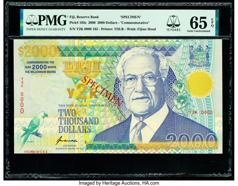 Fiji Reserve Bank of Fiji 2000 Dollars 2000 Pick 103s Commemorative PMG Gem Unci...