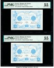 France Banque de France 5 Francs 1912 Pick 70 Two Consecutive Examples PMG About Uncirculated 55 (2). Pinholes on both examples; minor rust noted on o...