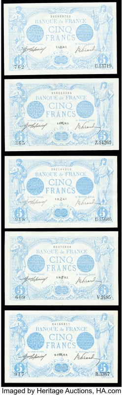 France Banque de France 5 Francs 1913 (2); 1916 (3) Pick 70 Five Examples Very F...