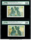 French West Africa Institut d'Emission de l'A.O.F. et du Togo 50 Francs ND (1956) Pick 45 Two Consecutive Examples PMG Choice Uncirculated 64 EPQ; Cho...