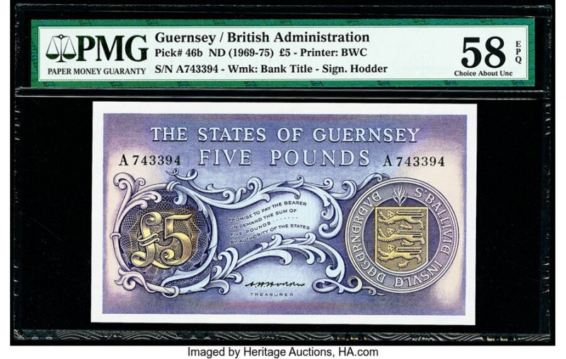 Guernsey States of Guernsey 5 Pounds ND (1969-75) Pick 46b PMG Choice About Unc ...