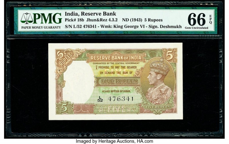 India Reserve Bank of India 5 Rupees ND (1943) Pick 18b Jhunjhunwalla-Razack 4.3...