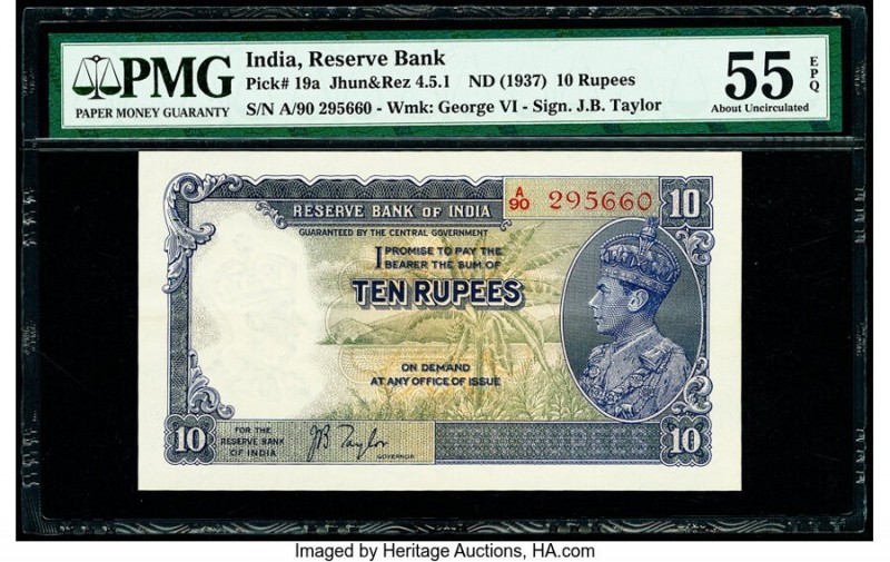 India Reserve Bank of India 10 Rupees ND (1937) Pick 19a Jhun4.5.1 PMG About Unc...