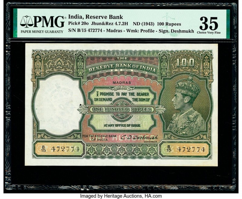 India Reserve Bank of India 100 Rupees ND (1943) Pick 20o Jhun4.7.2H PMG Choice ...
