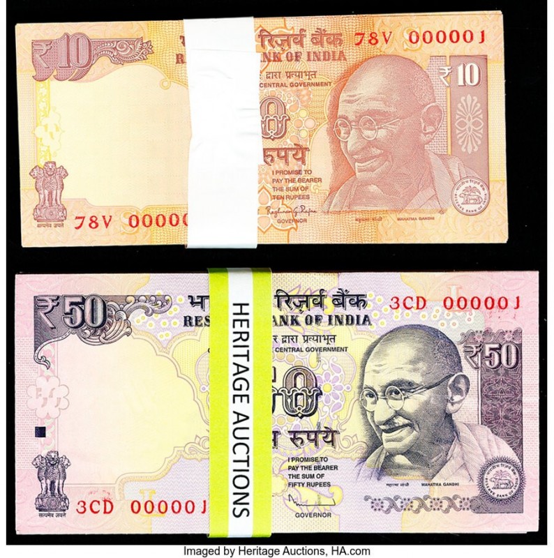 Serial Numbers 1-100 India Reserve Bank of India 10; 50 Rupees 2014; 2012 Pick 1...