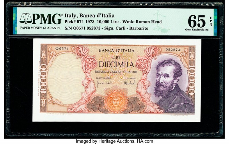 Italy Banco d'Italia 10,000 Lire 1973 Pick 97f PMG Gem Uncirculated 65 EPQ. 

HI...