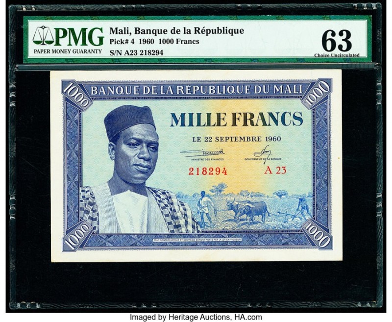 Mali Banque de la Republique du Mali 1000 Francs 22.9.1960 Pick 4 PMG Choice Unc...