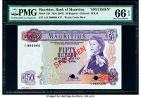 Mauritius Bank of Mauritius 50 Rupees ND (1967) Pick 33s Specimen PMG Gem Uncirculated 66 EPQ. Red Specimen overprint and two POC's.

HID09801242017

...