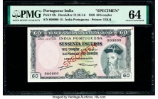 Portuguese India Banco Nacional Ultramarino 60 Escudos 2.1.1959 Pick 42s Jhunjhunwalla-Razack 12.36.1-6 Specimen PMG Choice Uncirculated 64. 

HID0980...