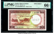 Sudan Bank of Sudan 5 Pounds 1962-68 Pick 9s Specimen PMG Gem Uncirculated 66 EPQ. Roulette Specimen punch and red Cancelled overprints.

HID098012420...
