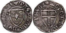 Zakon Krzyżacki, Konrad III von Jungingen 1393-1407, szeląg, Toruń, z literą 't' nad tarczą