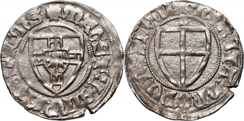 Zakon Krzyżacki, Henryk I von Plauen 1410–1414, szeląg, z literą 'D' nad tarczą ...