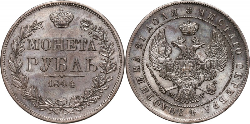 Zabór rosyjski, Mikołaj I, rubel 1844 MW, Warszawa Variety with curved eagle's t...