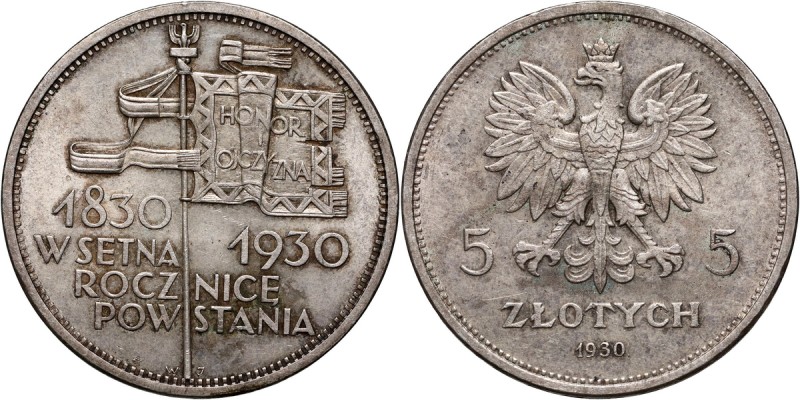 II RP, 5 złotych 1930, Warszawa, Sztandar, stempel płytki Pięknie zachowana w de...