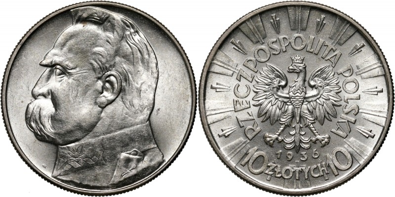 II RP, 10 złotych 1936, Warszawa, Józef Piłsudski Pięknie zachowane z mocnym poł...