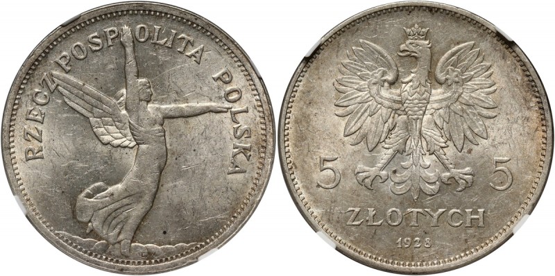 II RP, 5 złotych 1928, Bruksela, Nike Rzadszy wariant bez znaku mennicy w bardzo...