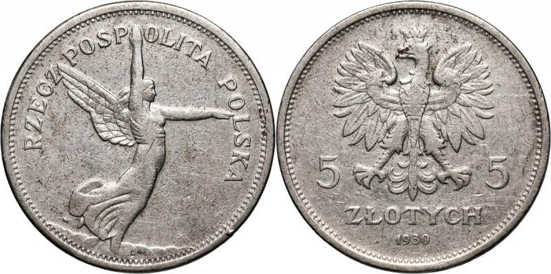 II RP, 5 złotych 1930, Warszawa, Nike Rzadki rocznik. Reference: Parchimowicz 11...