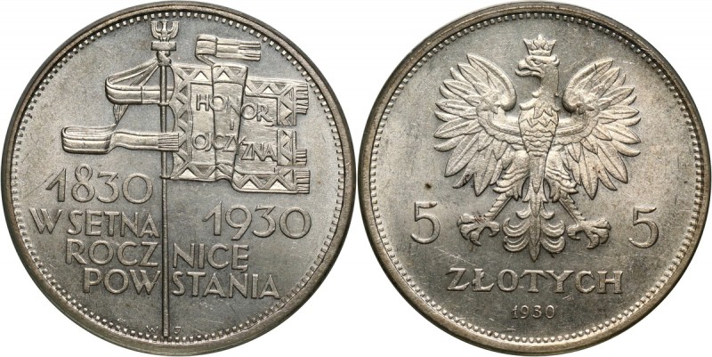 II RP, 5 złotych 1930, Warszawa, Sztandar, stempel płytki Piękny, w delikatnej, ...