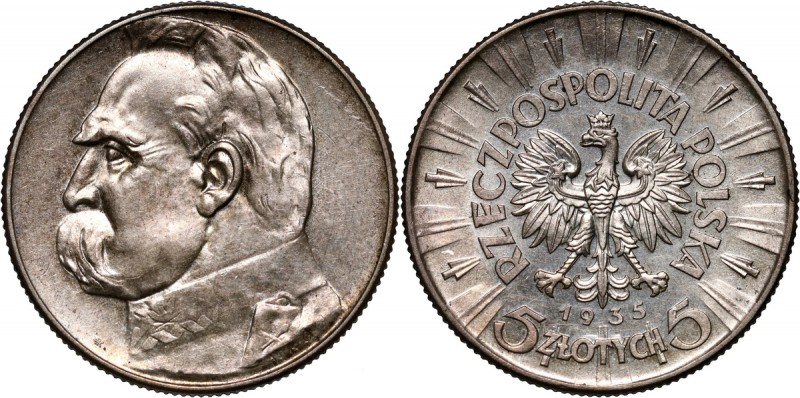 II RP, 5 złotych 1935, Warszawa, Józef Piłsudski Ładnie zachowane, w delikatnej ...