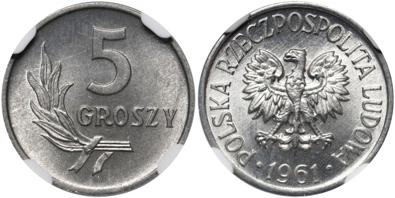 PRL, 5 groszy 1961 Pięknie zachowane. Druga najwyższa nota. Jedynie jeden egzemp...