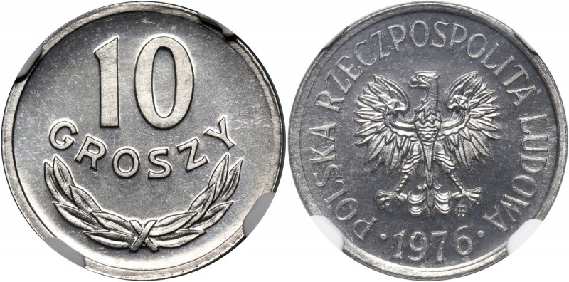 PRL, 10 groszy 1976 Pięknie zachowane. Druga najwyższa nota w NGC. Jedynie dwa e...