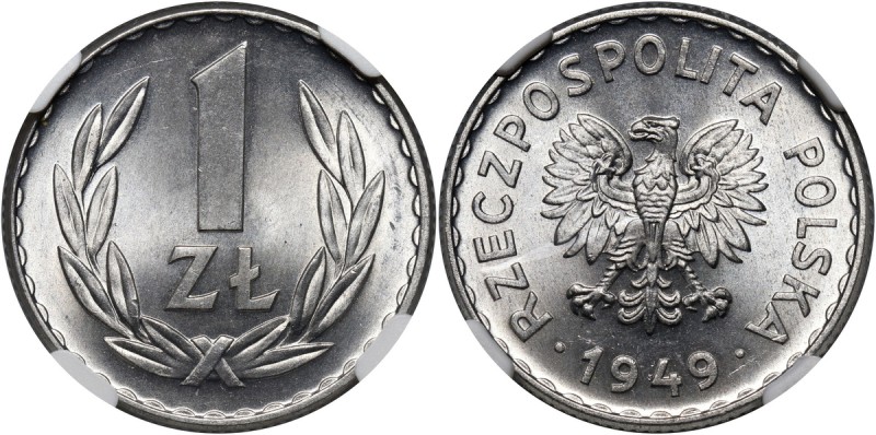 PRL, 1 złoty 1949, aluminium Bardzo ładnie zachowane. Druga najwyższa nota w NGC...