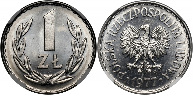 PRL, 1 złoty 1977 Druga najwyższa nota w NGC. Tylko jeden egzemplarz został ocen...