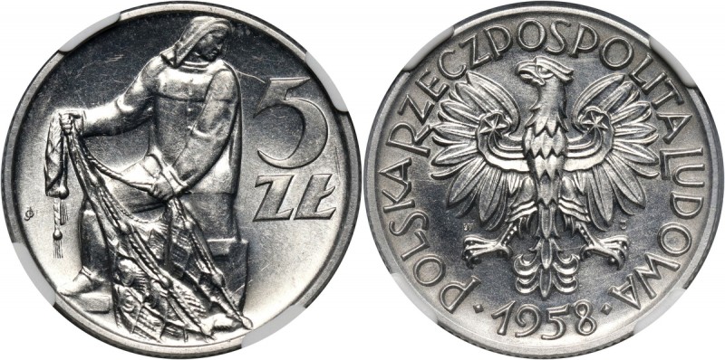 PRL, 5 złotych 1958, Rybak, wąska cyfra 8 Rzadki rocznik. Lekko przetarte tło. R...