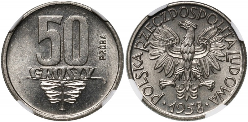 PRL, 50 groszy 1958, PRÓBA, nikiel Nakład: 500 sztuk. Najwyższa nota w NGC.
Ref...