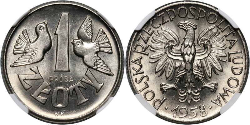 PRL, 1 złoty 1958, PRÓBA, nikiel Nakład: 500 sztuk. Najwyższa nota w NGC i zaraz...