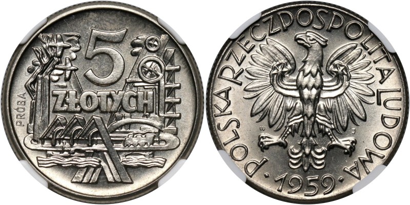 PRL, 5 złotych 1959, Symbole gospodarki, PRÓBA, nikiel Nakład: 500 sztuk.
Refer...